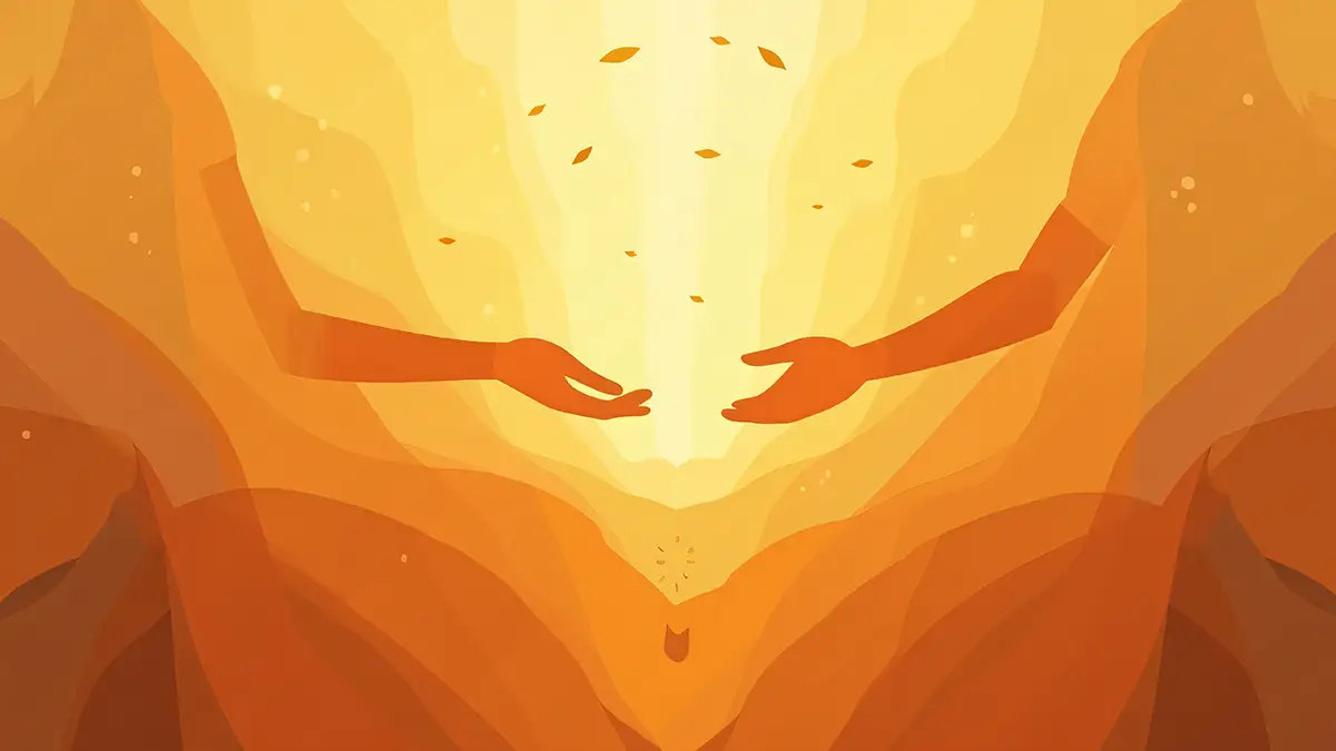 Two hands reaching toward each other against a warm golden sunset backdrop with falling autumn leaves, symbolizing connection and gratitude during Thanksgiving